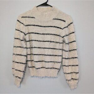 Jessica Simpson Fuzzy Striped Sweater Cream‎ Black Soft Eyelash Knit Size L